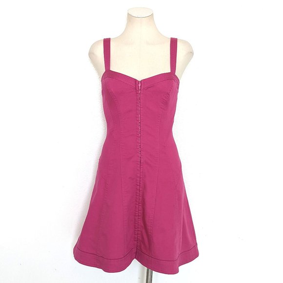 NWT Betsey Johnson Fuchsia Pink Denim Corset Fit Flare Cotton Mini Dress - Picture 2 of 10